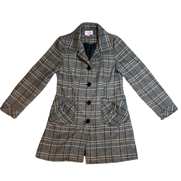 SASHIMI Jacket Coat Plaid Sz Medium Black Cream‎ Wool Woman’s Long Buttons - Picture 1 of 6